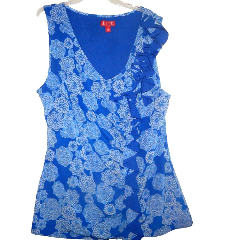 ELLE La Belle Voyage Womenโs XโLarge Blue Floral Stretch Ruffle Tank Blouse